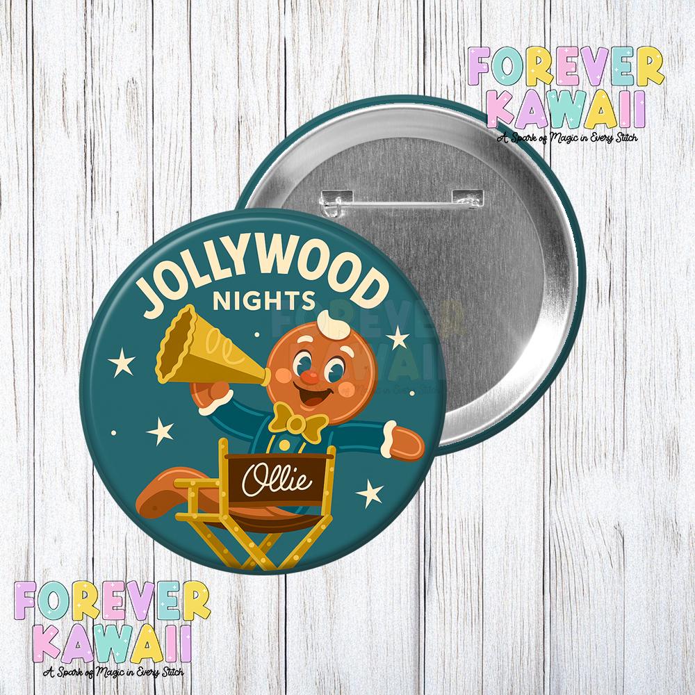 Jollywood Nights Button • Ollie Gingerbread Director Pin • Retro Hollywood Christmas Party Badge • Park Celebration Keepsake