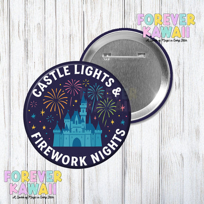 Castle Lights and Firework Nights Celebration Pinback Button - Choose Your Park