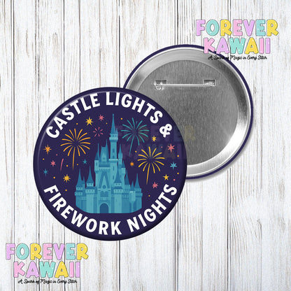 Castle Lights and Firework Nights Celebration Pinback Button - Choose Your Park