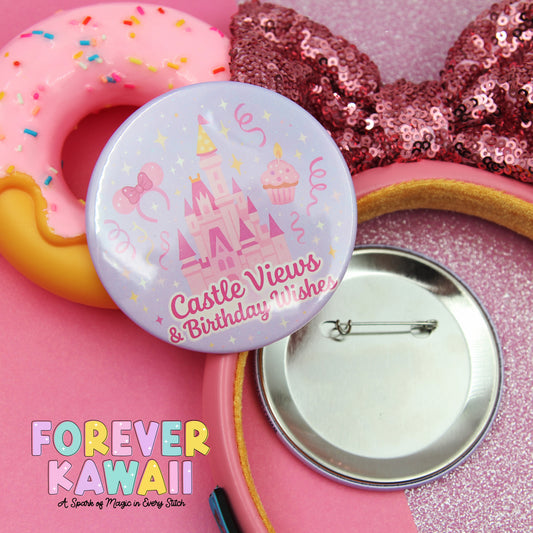 a pink and purple theme with a pink donut, a pink sequin bow, and a pink pinwheel. The pinwheel has a castle and cupcake design, and the pin is labeled "Castle Views & Birthday Wishes".