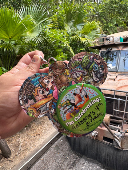 Safari Characters Mouse Backer Keychain for 3” Celebration Buttons - Badge Holder - Backpack Charm - Theme Park Accessory