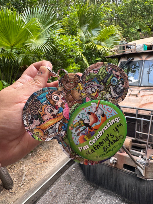 Safari Characters Mouse Backer Keychain for 3” Celebration Buttons - Badge Holder - Backpack Charm - Theme Park Accessory