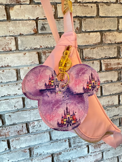 Castle Pin Trading Keychain – Holds 5 Pins | Fairytale Vinyl Bag Charm (Pattern Placement Varies) by