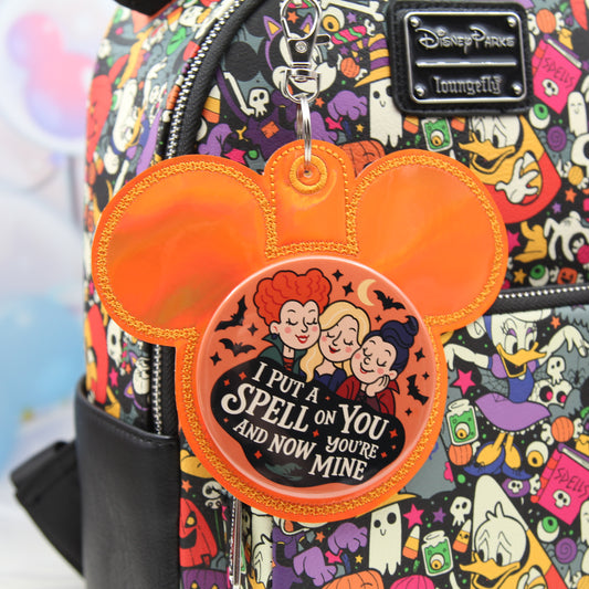 Orange Holographic Mouse Ear Button Holder – Vinyl Bag Charm for 3" Buttons – Cork Backed Display Clip