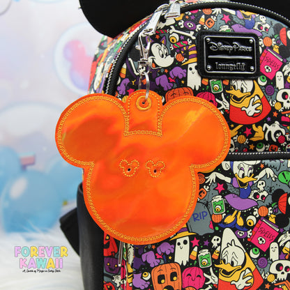 Orange Holographic Mouse Ear Button Holder – Vinyl Bag Charm for 3" Buttons – Cork Backed Display Clip