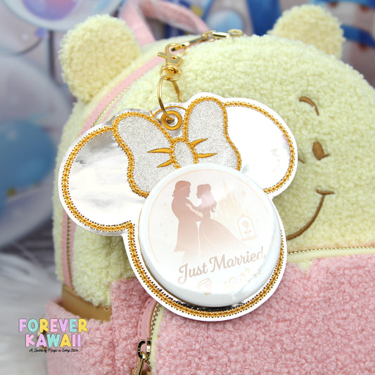 Gold Mirror Bow Celebration Pinback Button Holder – Sparkly Bow Keychain for 3" Celebration Buttons – Shiny Park Bag Clip