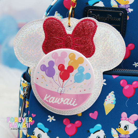 White Iridescent Glitter Button Holder – Dark Pink Glitter Bow Keychain for 3" Celebration Buttons – Park Bag Accessory