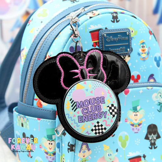 Black Gloss Celebration Button Holder – Hot Pink Bow Stitch – 3" Keychain Clip for Park Bags