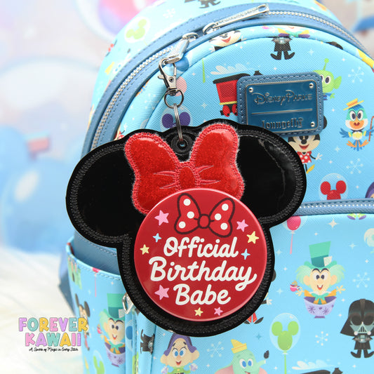Black Gloss Celebration Button Holder – Red Sparkle Bow – 3" Keychain Clip for Park Days