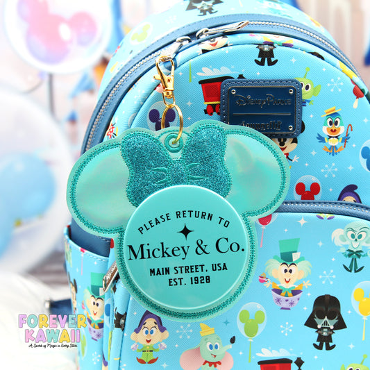 Tiffany Blue Minnie Celebration Button Holder – Sparkly Park Keychain for 3” Buttons