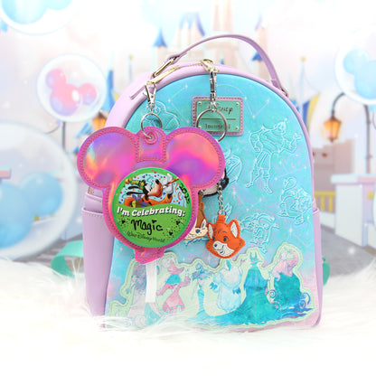 Pink Holographic Balloon Celebration Button Holder Keychain - Mouse Backer Keychain for 3” Celebration Buttons - Embroidered Badge Holder - Backpack Charm - Theme Park Accessory