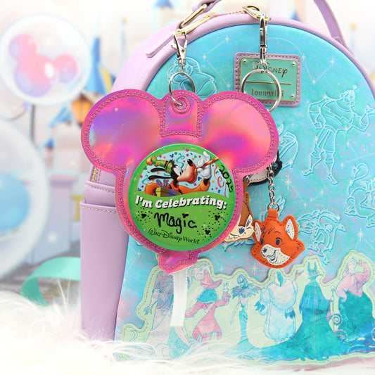 Pink Holographic Balloon Celebration Button Holder Keychain - Mouse Backer Keychain for 3” Celebration Buttons - Embroidered Badge Holder - Backpack Charm - Theme Park Accessory