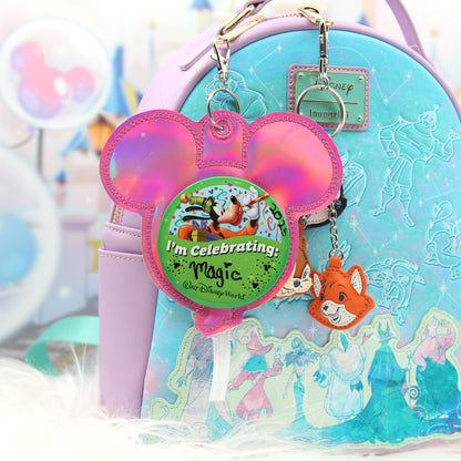 Pink Holographic Balloon Celebration Button Holder Keychain - Mouse Backer Keychain for 3” Celebration Buttons - Embroidered Badge Holder - Backpack Charm - Theme Park Accessory