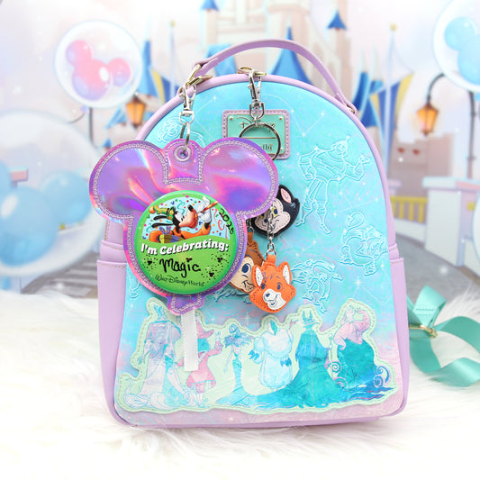 Purple Holographic Balloon Celebration Button Holder Keychain - Mouse Backer Keychain for 3” Celebration Buttons - Embroidered Badge Holder - Backpack Charm - Theme Park Accessory