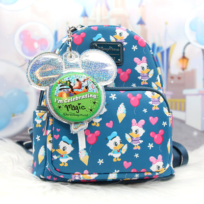 Holographic Glitter Balloon Celebration Button Holder Keychain - Mouse Backer Keychain for 3” Celebration Buttons - Embroidered Badge Holder - Backpack Charm - Theme Park Accessory