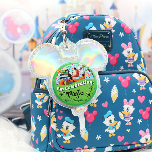 Holographic Balloon Celebration Button Holder Keychain - Mouse Backer Keychain for 3” Celebration Buttons - Embroidered Badge Holder - Backpack Charm - Theme Park Accessory