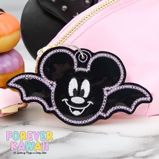 Shiny Black Bat Mouse Bag Charm – Halloween Vinyl Keychain with Lavender Stitching