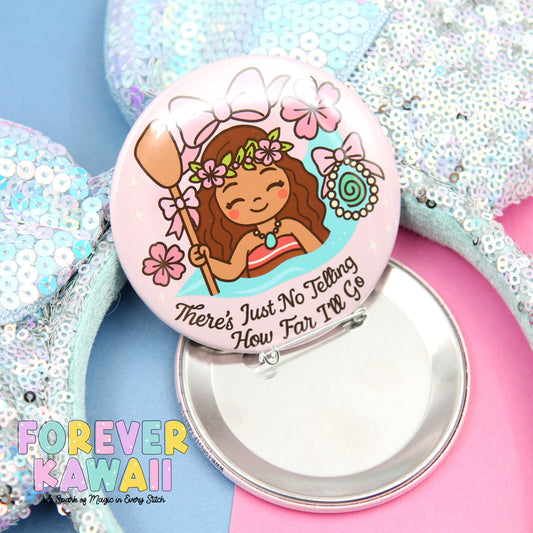 a pink button with a cartoon illustration of a girl wearing a hula skirt and holding a paddle, surrounded by flowers and text.