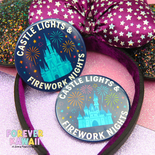 two circular badges with the text "CASTELE LIGHTS & FIREWORK NIGHTS" and a castle illustration, along with a purple bow and sparkly background.