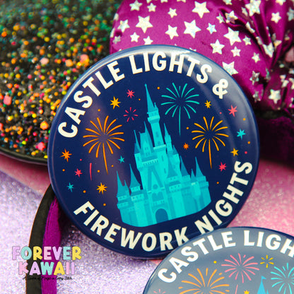 A circular button with the text "CASTLE LIGHTS & FIREWORK NIGHTS" and a castle illustration, surrounded by colorful fireworks.