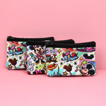 Handmade zipper pouch featuring an art-inspired design with colorful characters and paint details, perfect for holding coins, cards, and other small essentials. Ideal for theme park visits or as a creative gift for art lovers.