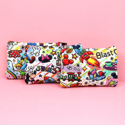 Handmade zipper pouch featuring an art-inspired design with colorful characters and paint details, perfect for holding coins, cards, and other small essentials. Ideal for theme park visits or as a creative gift for art lovers.
