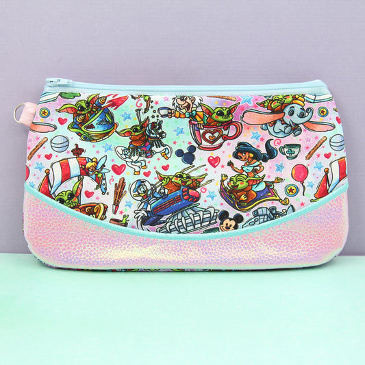 Baby Grogu Rides Pink Iridescent Pixie Clutch, Handmade Zipper Bag, Star Wars-Inspired, Phone Clutch Bag, Travel Makeup Organizer