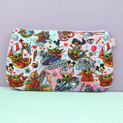 Baby Grogu Rides Pink Iridescent Pixie Clutch, Handmade Zipper Bag, Star Wars-Inspired, Phone Clutch Bag, Travel Makeup Organizer