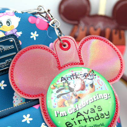 Red Rainbow Holographic Vinyl - Mouse Backer Keychain for 3” Celebration Buttons - Badge Holder - Backpack Charm - Theme Park Accessory