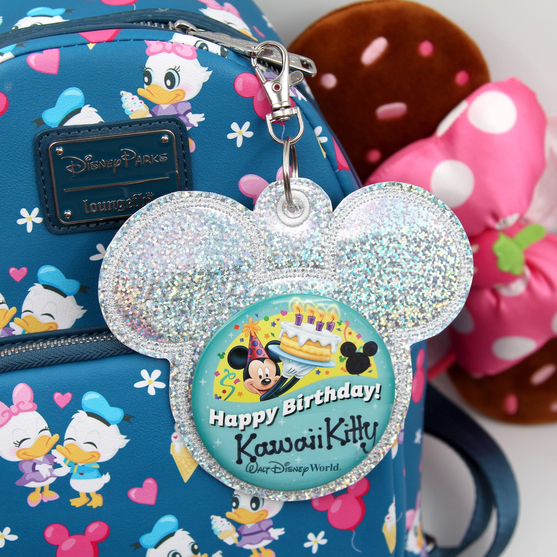 Silver Glitter Vinyl - Mouse Backer Keychain for 3” Celebration Buttons - Embroidered Badge Holder - Backpack Charm - Theme Park Accessory