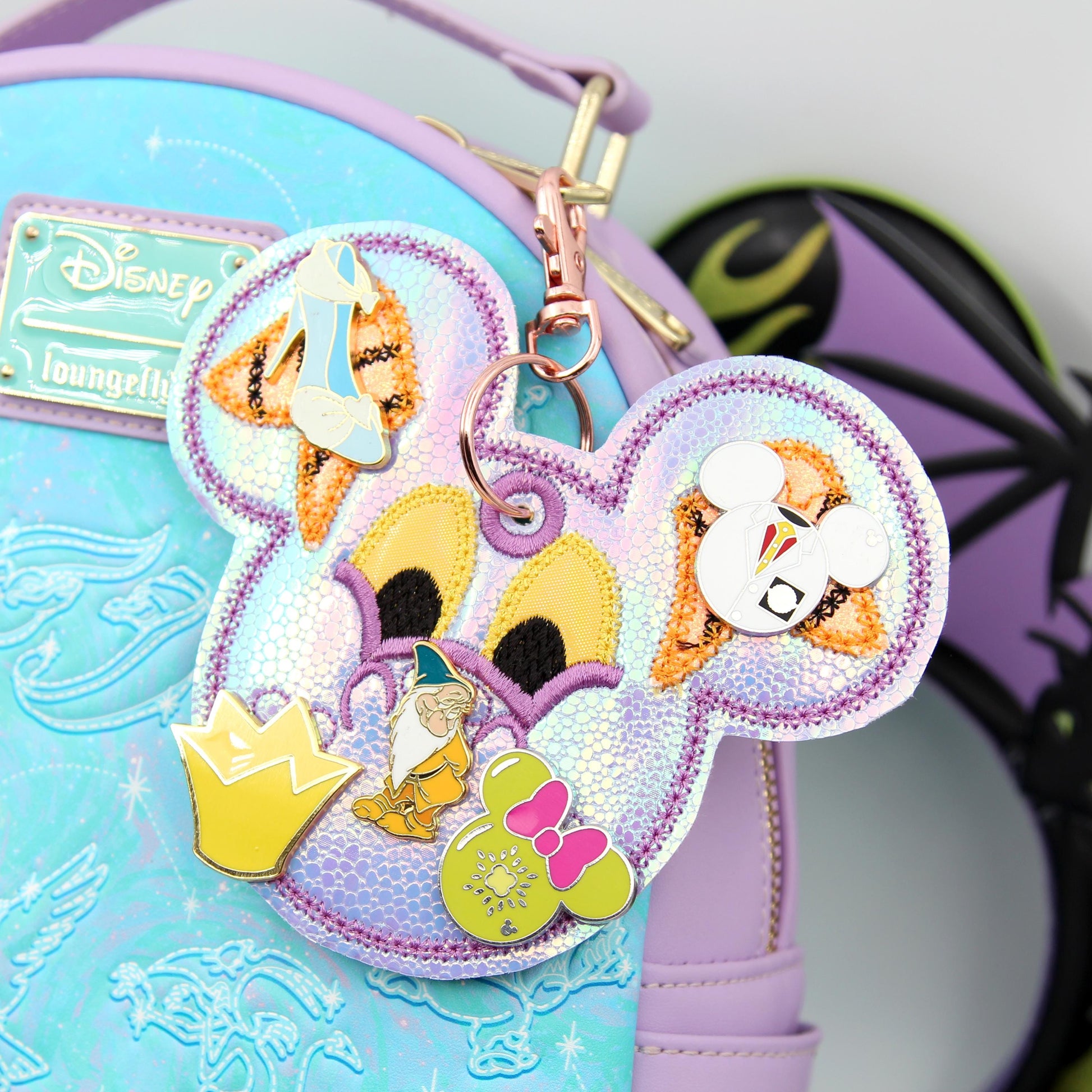 Iridescent Dragon Figment-Inspired Pin Trading Keychain – Handmade Embroidered Pin Holder with Cork Backing for Enamel Pins - Theme Park Pin