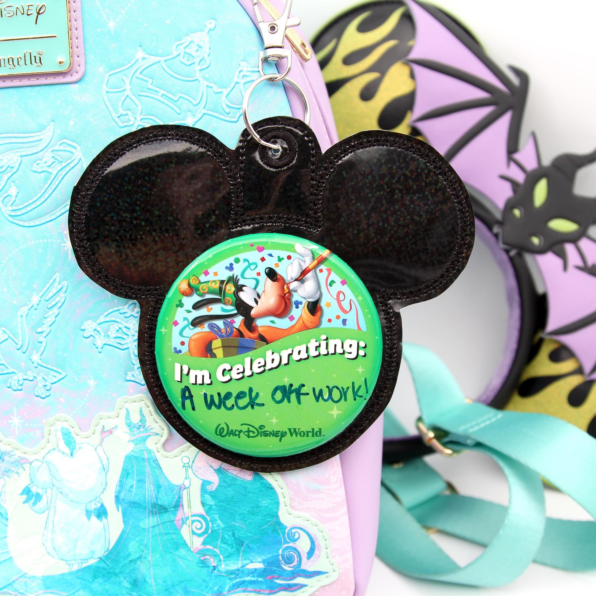 Black Rainbow Holographic Vinyl - Mouse Backer Keychain for 3” Celebration Buttons - Badge Holder - Backpack Charm - Theme Park Accessory