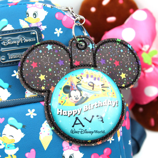 Star Mouse Backer Keychain for 3” Celebration Buttons - Embroidered Badge Holder - Backpack Charm - Theme Park Accessory - Birthday Trip