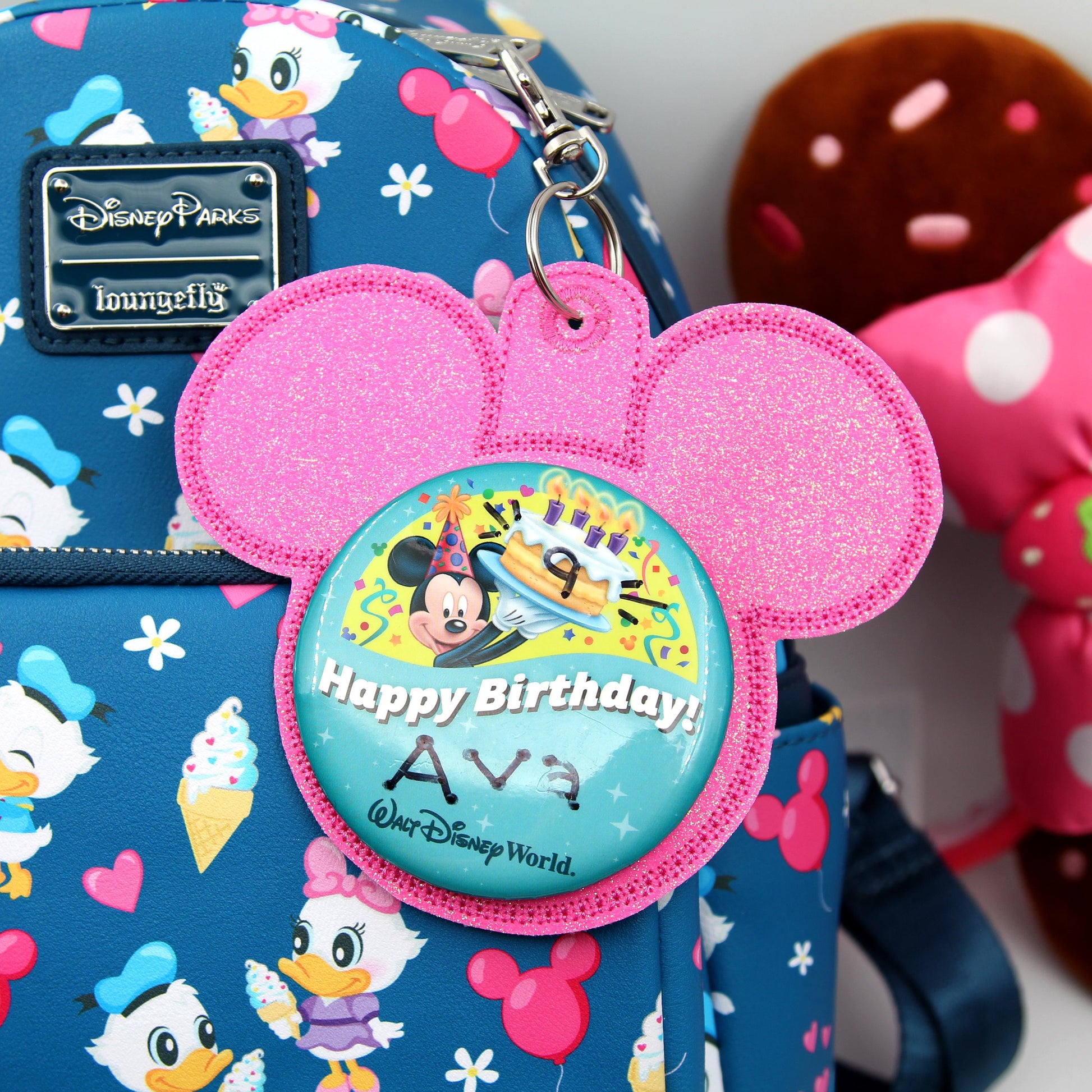 Hot Pink Glitter Vinyl - Mouse Backer Keychain for 3” Celebration Buttons - Embroidered Badge Holder - Backpack Charm - Theme Park Accessory
