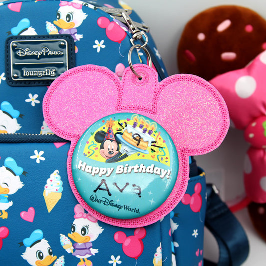 Hot Pink Glitter Vinyl - Mouse Backer Keychain for 3” Celebration Buttons - Embroidered Badge Holder - Backpack Charm - Theme Park Accessory