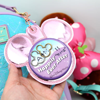 Rose Foil Mouse Button Holder – 3” Celebration Button Backer – Keychain & Badge Clip – Park Button Accessory – Backpack Charm - Park Bag