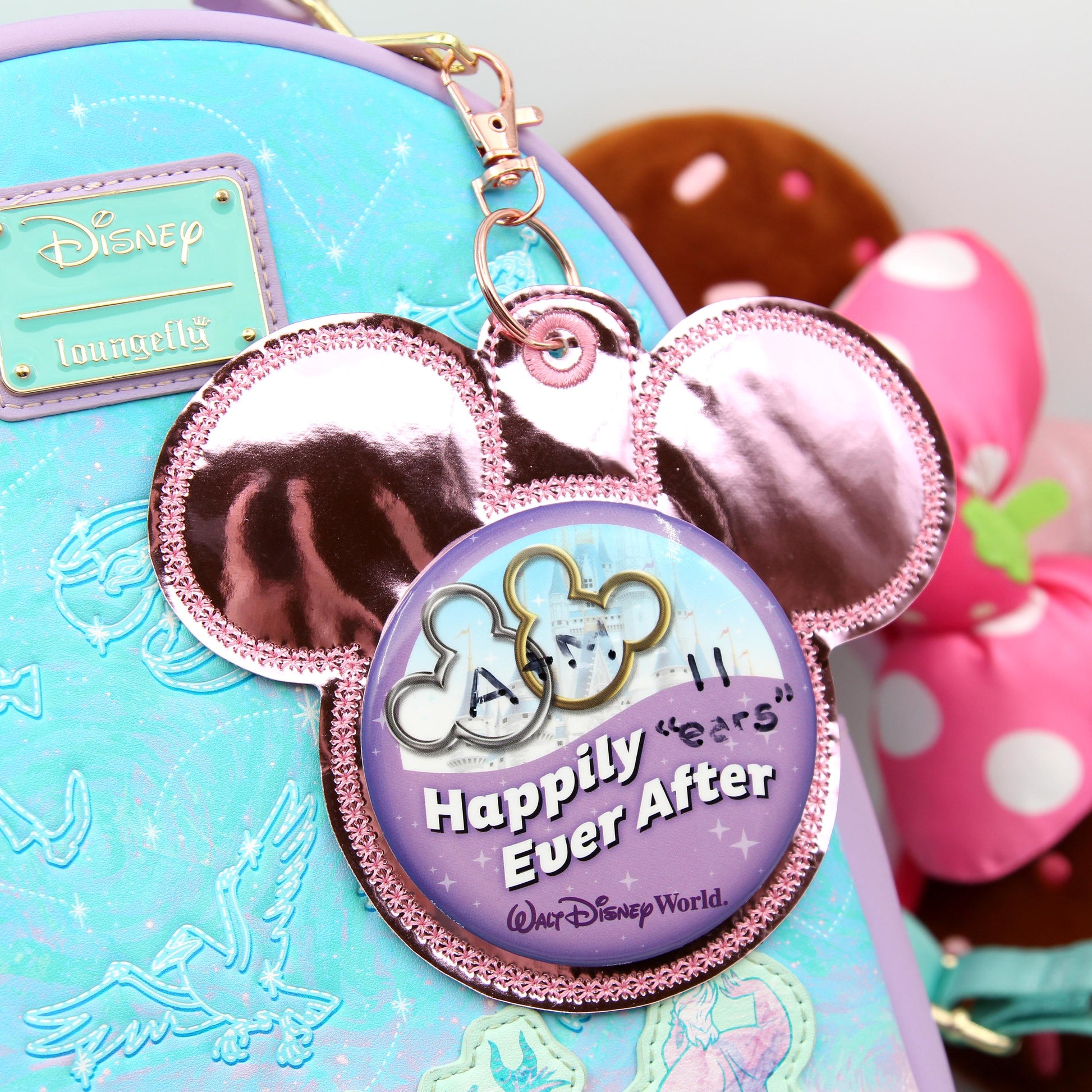 Rose Foil Mouse Button Holder – 3” Celebration Button Backer – Keychain & Badge Clip – Park Button Accessory – Backpack Charm - Park Bag