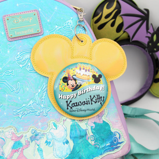 Yellow Rainbow Holographic Vinyl - Mouse Backer Keychain for 3” Celebration Buttons - Badge Holder - Backpack Charm - Theme Park Accessory