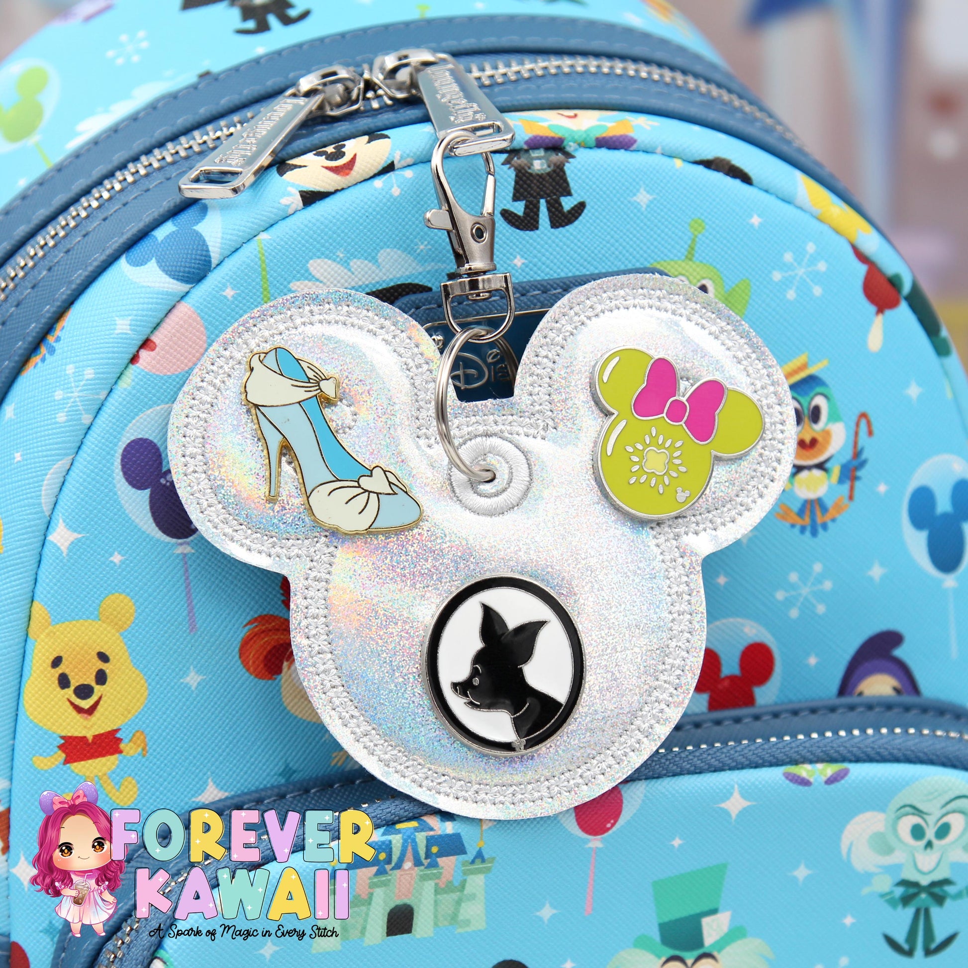 Iridescent Rainbow Holographic Pin Trading Keychain – Embroidered Pin Holder with Cork Backing for Enamel Pins - Theme Park Pin Trading