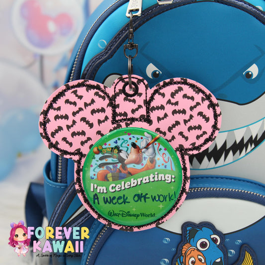 Pink and Black Bats Mouse Backer Keychain for 3” Celebration Buttons - Embroidered Badge Holder - Backpack Charm - Bats Day - Spooky Cute