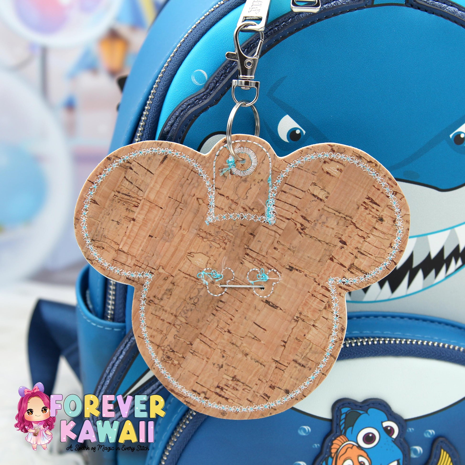 Aqua Holographic Mouse Backer Keychain for 3” Celebration Buttons - Embroidered Badge Holder - Backpack Charm - Theme Park Accessory