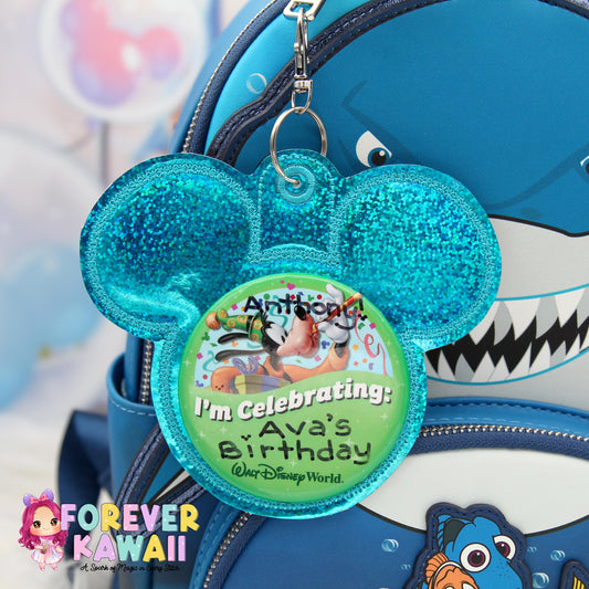 Aqua Holographic Mouse Backer Keychain for 3” Celebration Buttons - Embroidered Badge Holder - Backpack Charm - Theme Park Accessory