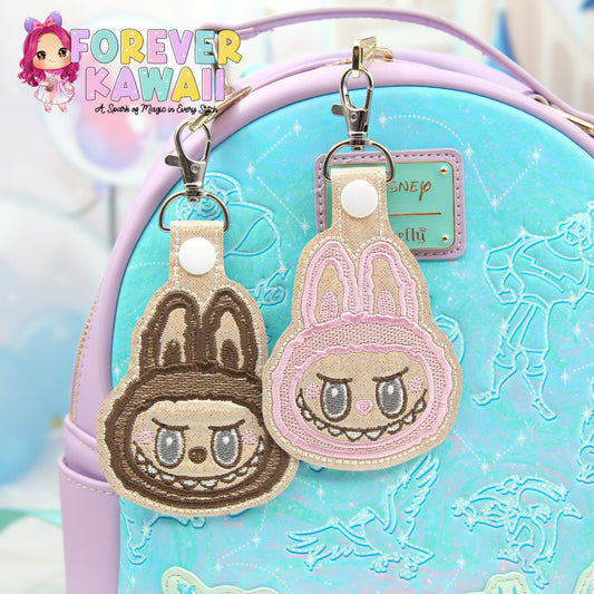Labubu Embroidered Keychain - Brown or Pink - Cute Kawaii Keychain - Plush Keychain - Soft & Stylish Key Fob - Labubu Bag Charm