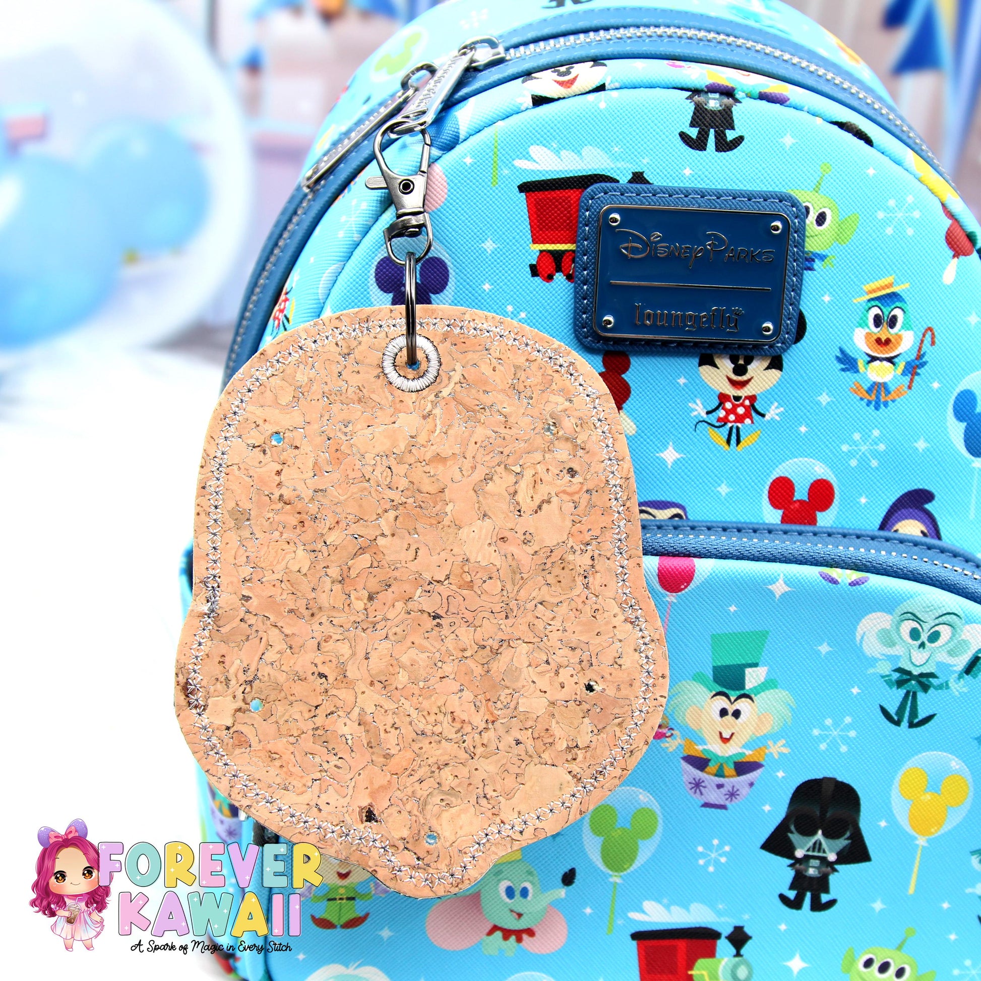 Haunted Mansion Pin Trading Keychain – 5 Holes – Holographic Gray Doom Buggy – Teal Embroidered Hitchhiking Ghosts – HM Stitched Keychain