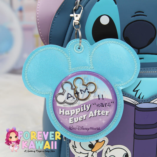 Light Blue Glitter Mouse Backer Keychain for 3” Celebration Buttons - Embroidered Badge Holder - Backpack Charm - Theme Park Accessory