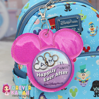 Hot Pink Glitter Vinyl - Mouse Backer Keychain for 3” Celebration Buttons - Embroidered Badge Holder - Backpack Charm - Theme Park Accessory