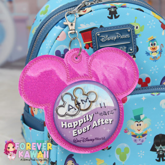 Hot Pink Glitter Vinyl - Mouse Backer Keychain for 3” Celebration Buttons - Embroidered Badge Holder - Backpack Charm - Theme Park Accessory