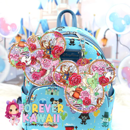 Enchanted Castle Friends Mouse Backer Keychain for 3” Celebration Buttons - Embroidered Badge Holder - Backpack Charm - Theme Park Accessory