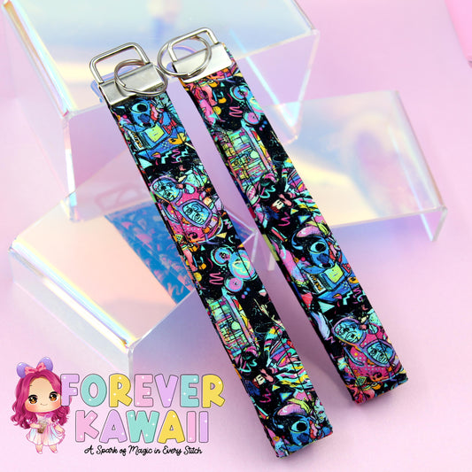 80s Inspired Neon Keychain – Retro Characters, Boomboxes & Bold Colors – Fun, Colorful Keyfob for 80s Nostalgia Lovers
