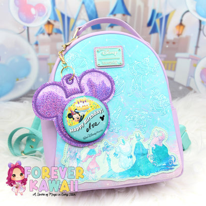 Purple Glitter Holographic Vinyl - Mouse Backer Keychain for 3” Celebration Buttons - Badge Holder - Backpack Charm - Theme Park